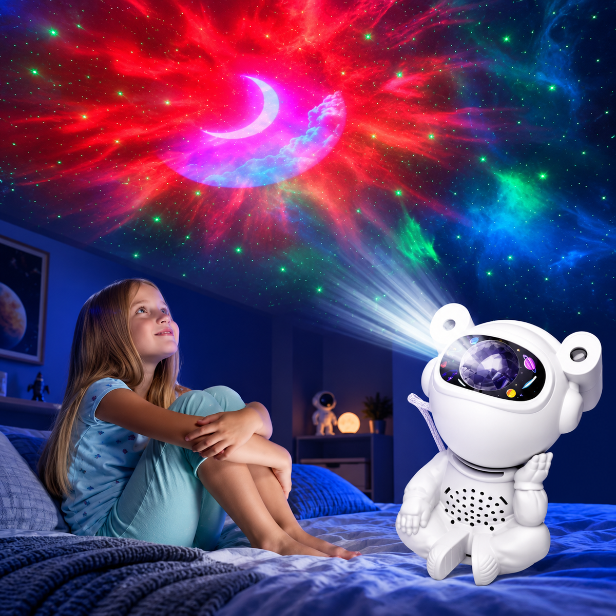Astronauta Proyector de Galaxia y Estrellas Sentado