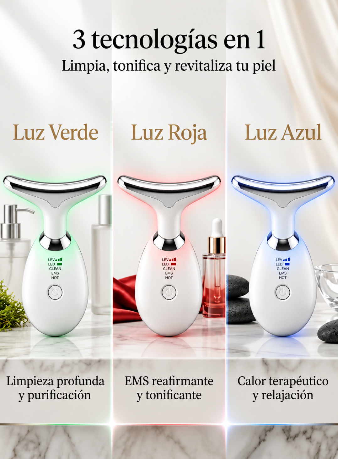 Masajeador Facial y de Cuello 3 en 1 con Luz LED e Iones